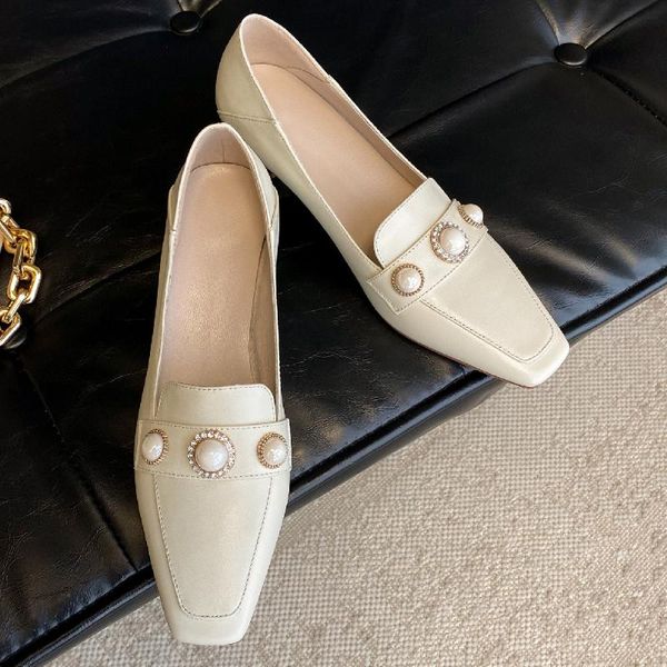 

women's genuine leather thin high heel square toe slip-on pumps elegant ladies spring new style heels beading decoraion shoes, Black