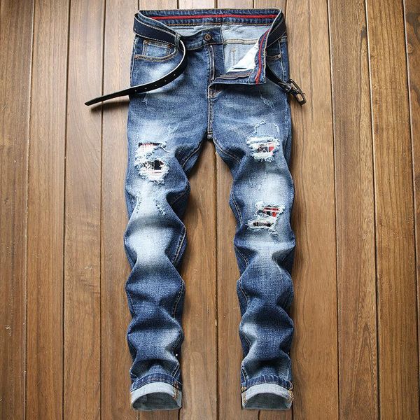 

men's jeans 2021 blue hole slim straight casual fashion