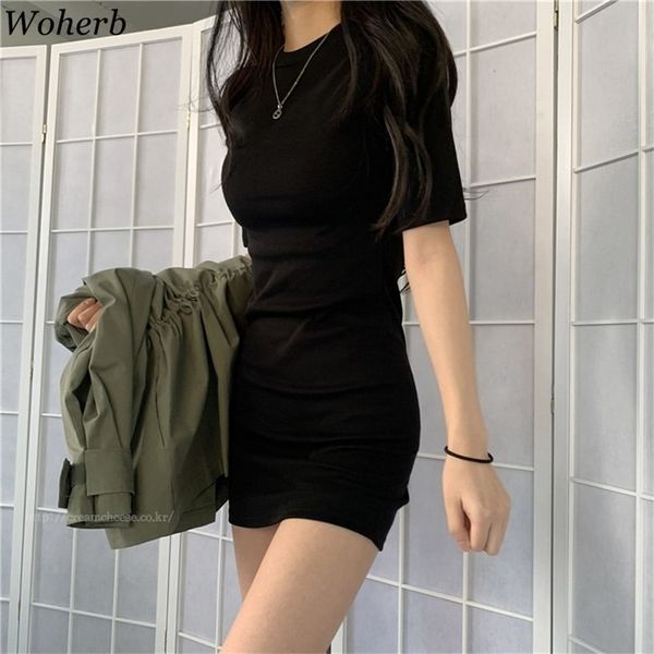 Kadın Elbise Moda O Boyun Siyah Slim Fit Rahat Bodycon Vestidos Kore Robe Yüksek Bel Kısa Kollu Basit Mini Elbiseler 210519