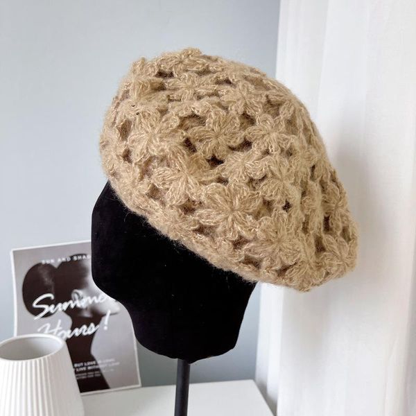 

berets korean fashion cute girl flower knitted double for women female autumn winter painter hat pumpkin cap octagonal, Blue;gray