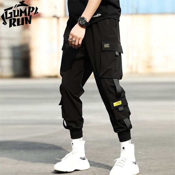 Hip-Hop Street Jogger Esportes Homens Preto Harem Calças Multi-Pocket Ribbon Casual M-3XL 210715