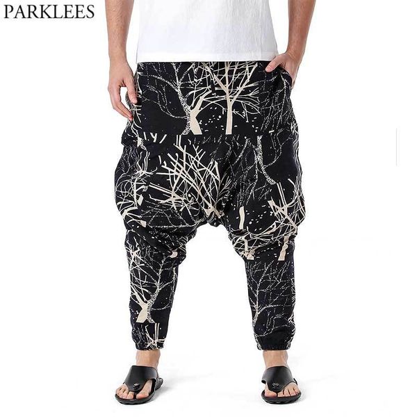

men's hip hop baggy harem low crotch pants stylish branches printed genie boho pants cotton casual hippie streetwear trousers 210522, Black