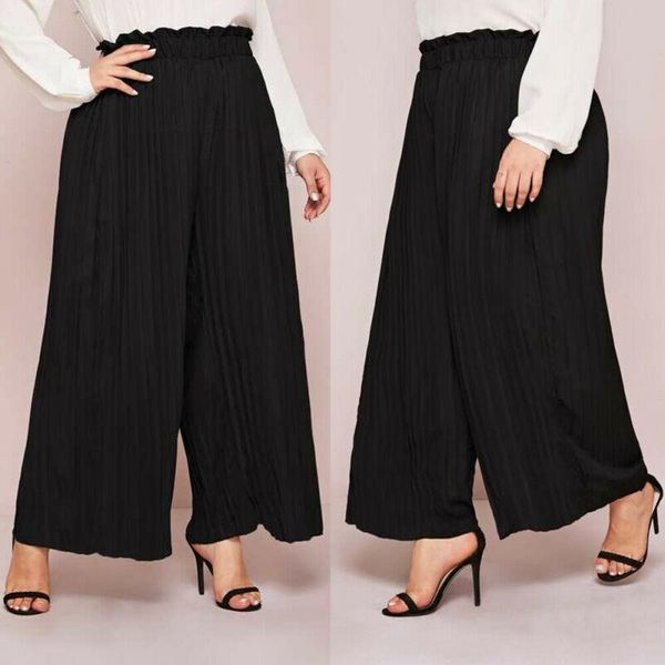 

fashion women palazzo pants loose bottom clothes ladies pleated solid high elastic waist trouser wide leg size l-4xl women's & capris, Black;white