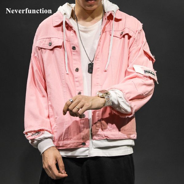 

hoodies fashion fake two pieces hooded ripped denim jackets streetwear hip hop men cotton casual baseball jacket, Black