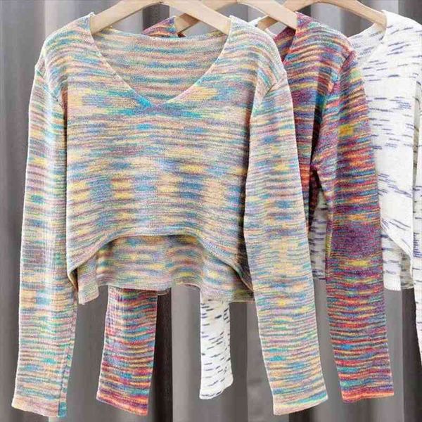 

soft casual pullovers sweaters knitted crop women full sleeve o-neck loose rainbow striped pullover sweater female, White;black