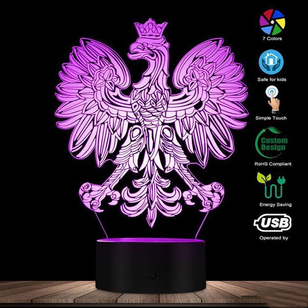 

led base night light polish coat of arms polska 3d optical illusion rgb bases lamp home decor patriotic pl eagle falcon novelty desk lights