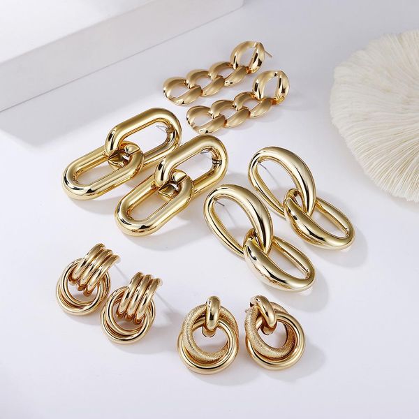 

assorted splice chain link charm earrings bohemia gold color plating stud earings for women street snap hip hop dress jewelry girl gift, Golden