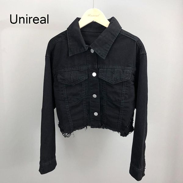 

unireal 2021 autumn women denim jacekt casual oversized cotton cropped coats outwear black jeans jacket women's jackets, Black;brown