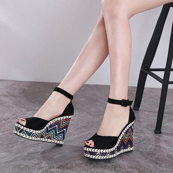 

dress shoes 2021 summer slope heel sandals women korean muffin versatile high thick bottom waterproof platform roman, Black