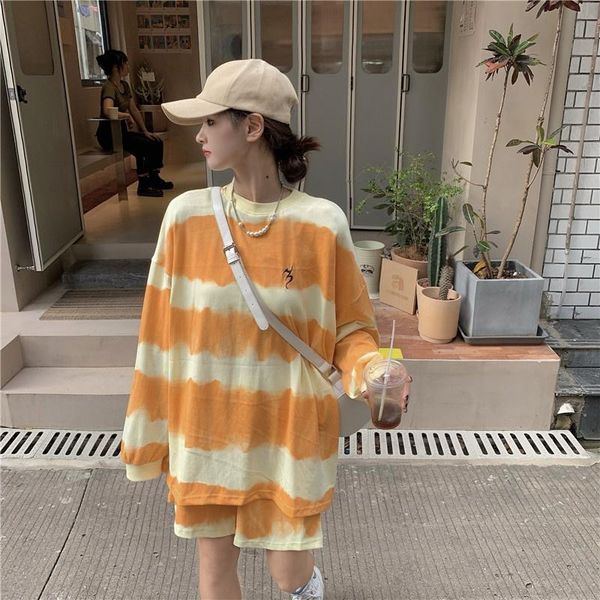 

women's tracksuits tie-dye long-sleeved t-shirt + wide leg short, Gray
