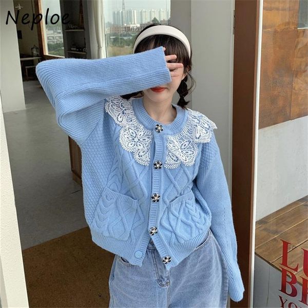 

women's knits & tees neploe lace edge round neck woman sweaters jacket autumn loose sweater outer wear sweet short knitted cardigan clo, White