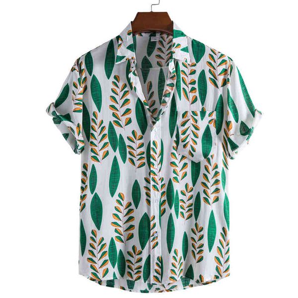 

leaf print shirts men short sleeve casual mens aloha shirt beach holiday hawaiian camisas summer oversized chemise homme 210524, White;black