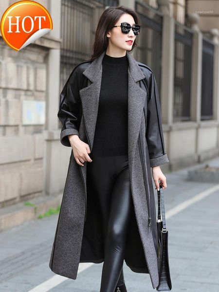 

sheepskin windbreaker haining leather coat women's long european wool stitching loose fall winter 2021 & faux, Black