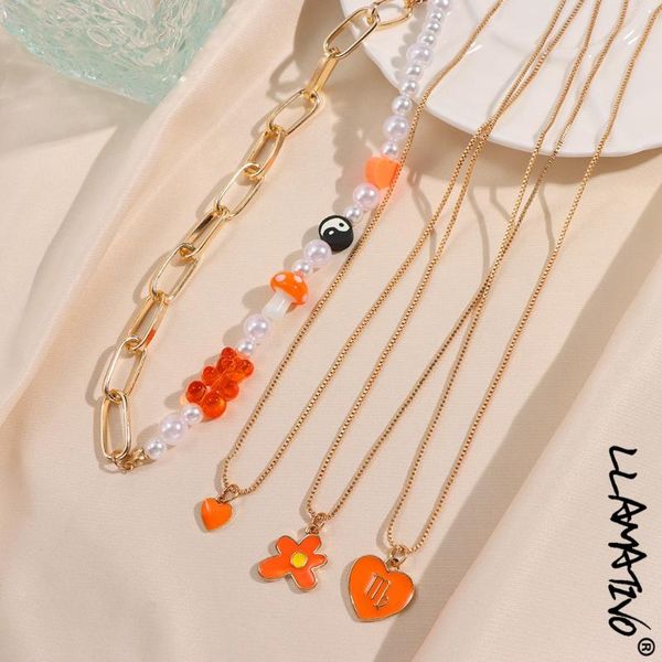 

chains enamel heart flower pendant asymmetric beads chain necklace for women multi-layer gummy bear pearl metal necklaces jewelry, Silver