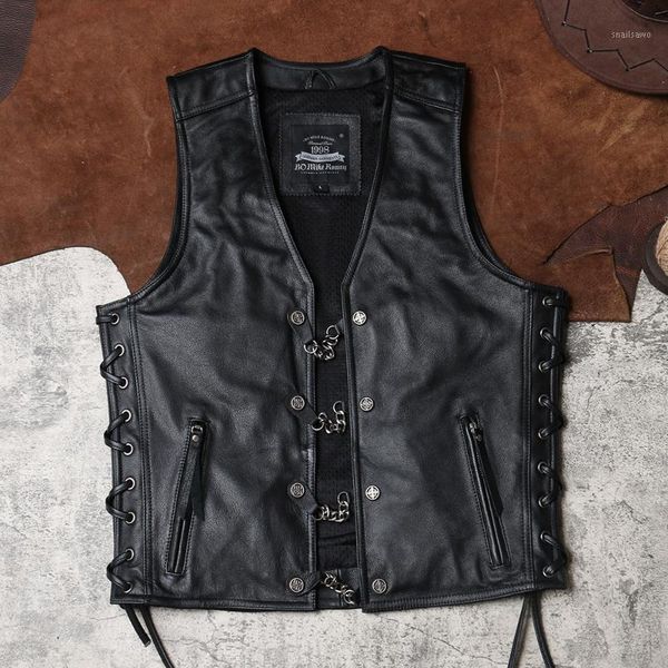 

men's vests black 2021 biker's style leather vest men single breasted large size 4xl genuine cowhide spring slim fit short motorcy, Black;white