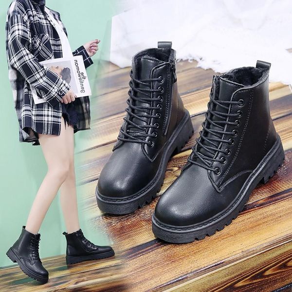 

boots solid black leather female ankle for women lace up platform warm plush winter street style casual shoes