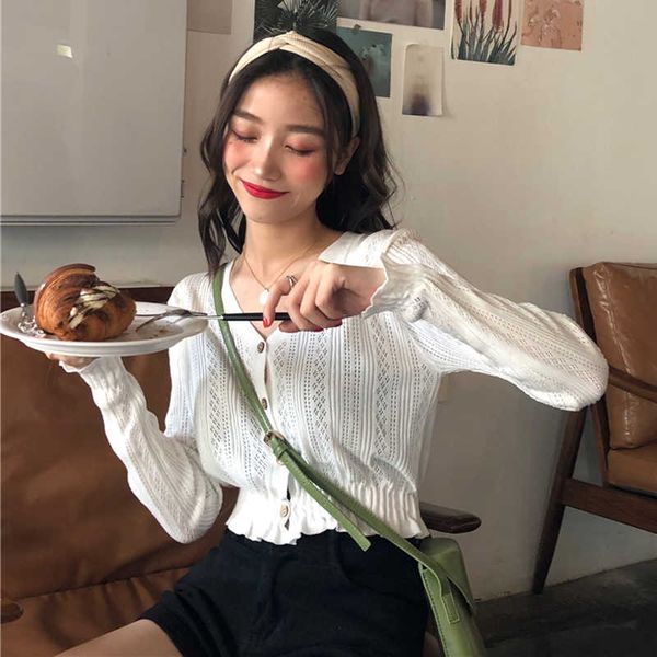 Autunno moda coreana gancio cavo fiore maglione lavorato a maniche lunghe femminile ins Harajuku cardigan solido casual 210608