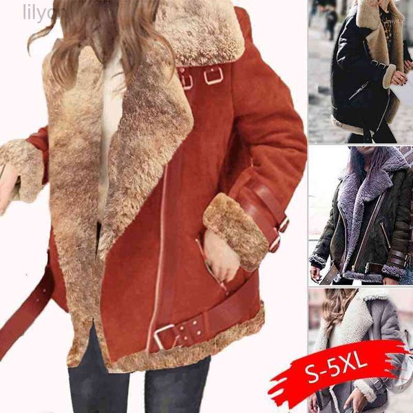 

winter high -quality leather jacket female suede lamb keep warm wool coat motorcycle lapels thicker women1, Black