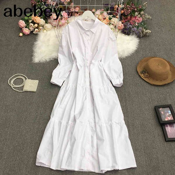 

spring simple all-match turn-down collar puff sleeve solid dress waist slim single breasted 210512, Black;gray