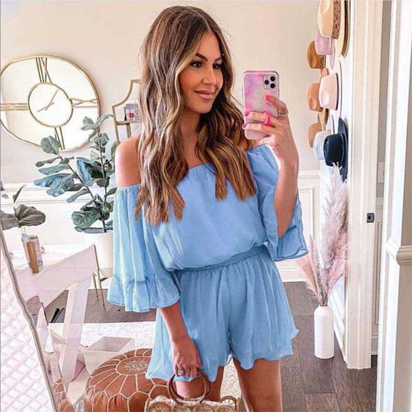 

chiffon slash neck off shoulder solid color ruffle loose jumpsuits women casual short sleeve high waist streetwear playsuit 210608, Black;white