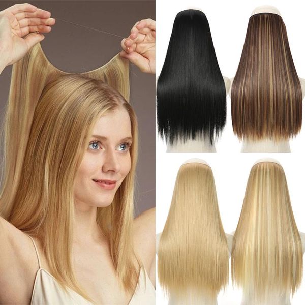 

synthetic wigs azir no clip halo hair ombre artificial natural fake false long short straight hairpiece blonde for women, Black