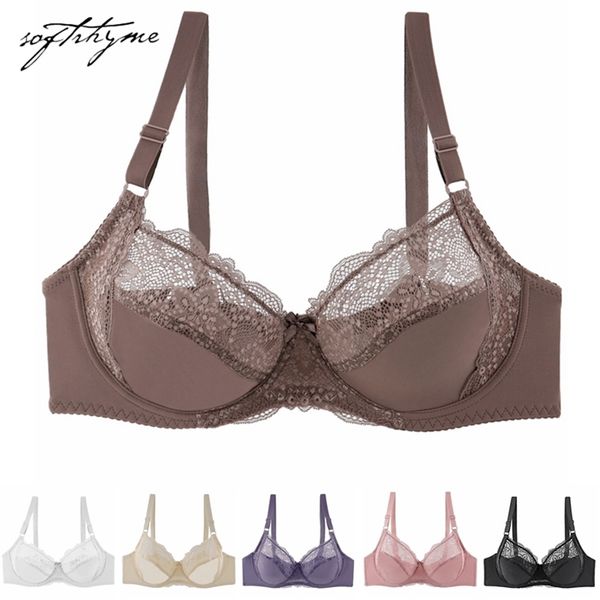 Softrhyme Sexy Lingerie di pizzo Scava fuori Donna Taglie forti Reggiseni Solid Soutien Gorge Biancheria intima Reggiseno semitrasparente ultrasottile 211110