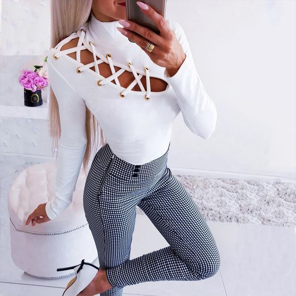 

slim cross hollow out women sweater high collar long sleeve for autumn white knitted pullover casual winter, White;black
