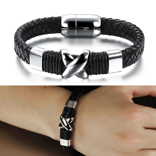 

charm bracelets 2pcs/lot classical leather bracelet stainless steel magnet clasp pulseras handmade wristband mens 2021 fashion jewelry, Golden;silver