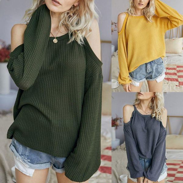 

women's sweaters women lantern sleeves waffle knit sweater halter neck cold shoulder pullover solid color casual loose jumpers, White;black