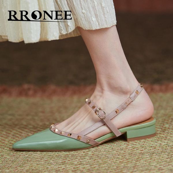 

sandals 22021 summer low heel sandals, rivet matching color flat fashion pointed shoes for women, Black