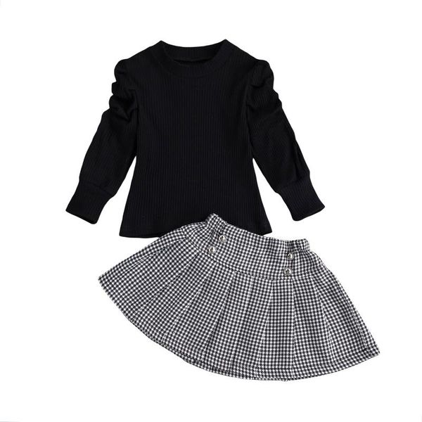 

clothing sets kids girls fashion 2-piece outfit set puff sleeve solid color plaid skirt for children 1-7years, White