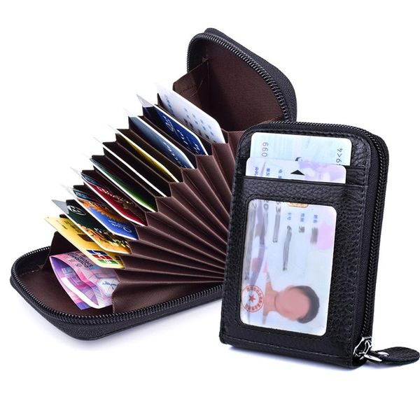 

card holders rfid genuine leather cover women men accordion holder case 14 slots fashion pillow wallet zipper purse, Brown;gray