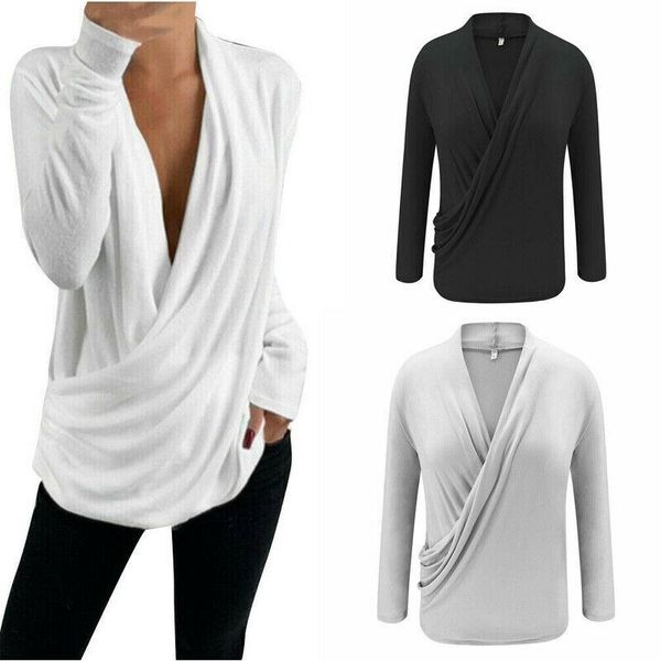 

women's blouses & shirts vintage women ladies v neck bell long sleeve casual loose wrap shirt blouse, White