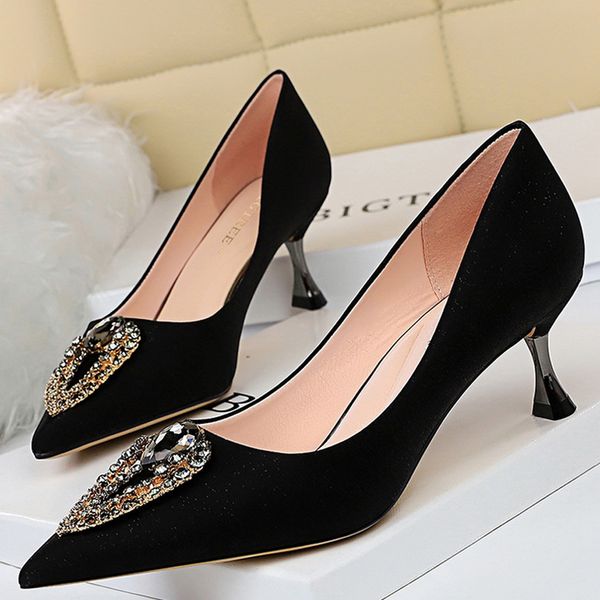 

2021 shoes rhinestone kitten heels woman pumps metal high heels women shoes pointed toe women heels stiletto party shoes cm1, Black
