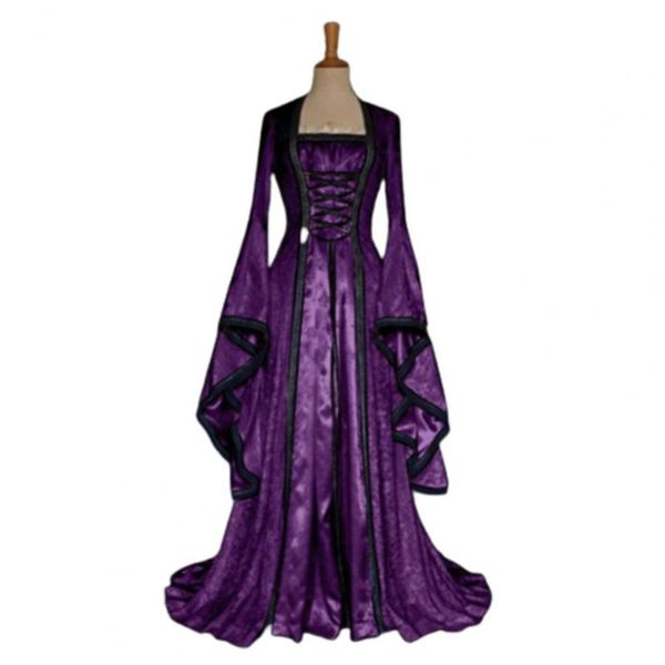 

casual dresses vintage halloween cosplay dress flare sleeve floor length solid color square neck loose hem large cuff maxi, Black;gray