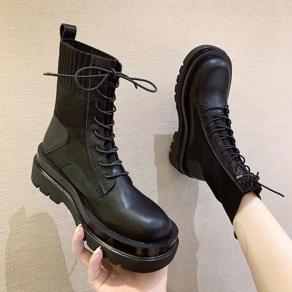 

boots women's shoes summer 2021 british style high heel versatile lace up elastic thin short locomotive, Black
