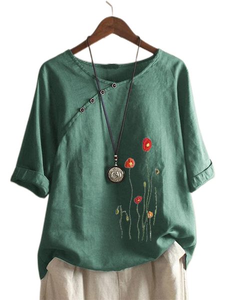 

floral printed short sleeve button t-shirt for women, White