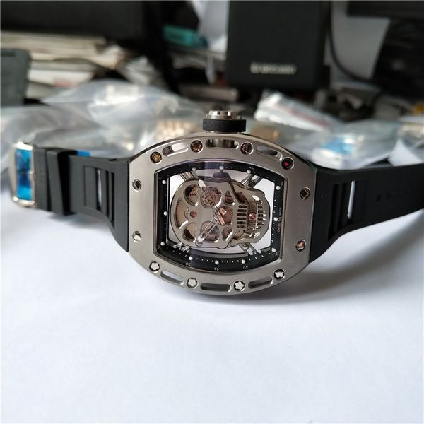 

men's sport watch sell man watches mechanical hand wind wristwatch black rubber strap skull dial 022t, Slivery;brown