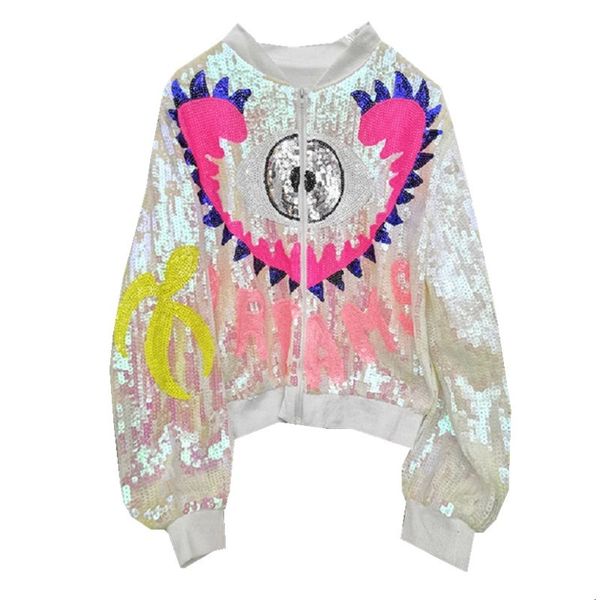 

chic cool women cartoon eye bling sequined jacket hip girls colorful outerwear, Black;brown