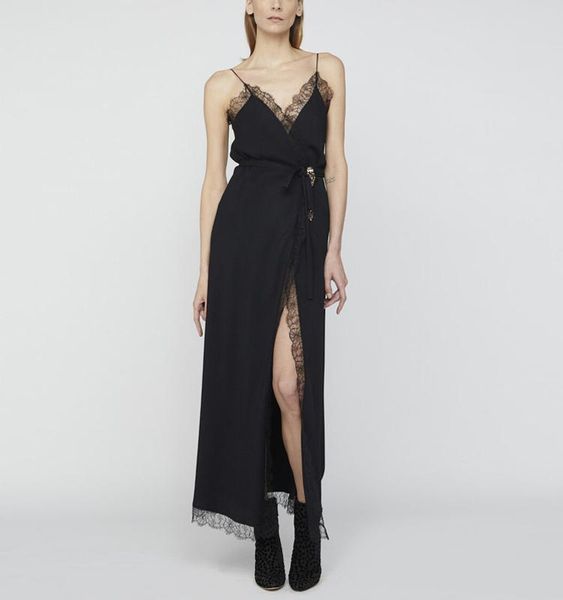 

casual dresses european designer women party strap black dress lace patchwork sleeveless slim classic style slit high qaulity, Black;gray