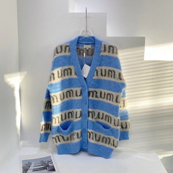 

miu + 21 autumn small fresh blue mohair color matching stripe letter knitted cardigan women's sweet top, White