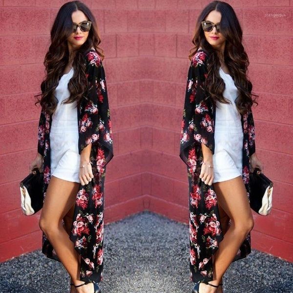 

women long blouses casual vintage kimono cardigan blouse ladies summer shirt retro loose floral printed black women's & shirts, White