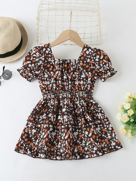 

toddler girls ditsy floral puff sleeve shirred waist layered hem dress she, Red;yellow