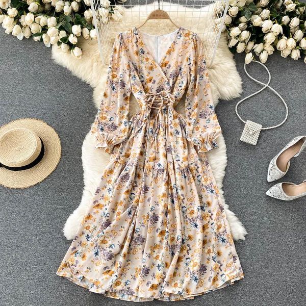 

casual dresses yizzhoy spring autumn bohemian print vacation dress women chiffon floral korean fashion long sleeve v neck a-line, Black;gray