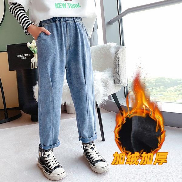 

winter girls jeans thicken teen warm kids trousers elastic waist demin pants for children causal loose, Blue