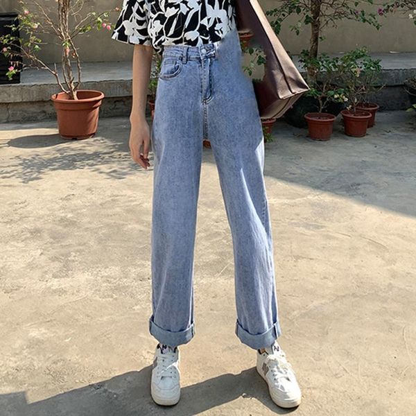 

women's jeans spring and summer loose straight leg wide-leg beige old pants high waist lengthened women 2021, Blue