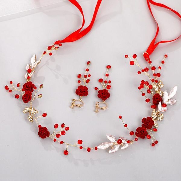 

earrings & necklace vintage red rose headband women headpeice set chinese style hairband jewelry vl, Silver
