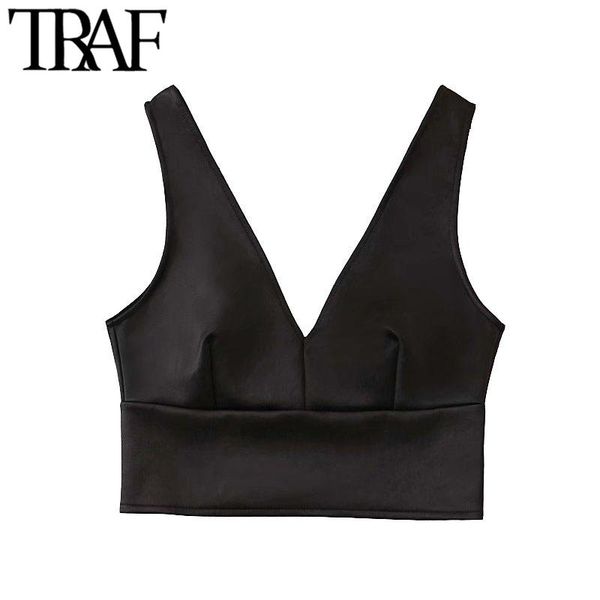 

women's blouses & shirts traf women fashion deep v neck cropped vintage backless zipper wide straps female blusas chic, White