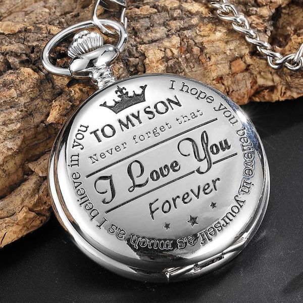

pocket watches to my son i love you forever unique silver quartz fob watch necklace chain pendant antique boys girls birthday present, Slivery;golden