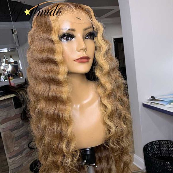 

lace wigs highlight blonde color 13x4 front 180% density remy glueless wig for women deep wave human hair 4x4 closure, Black;brown